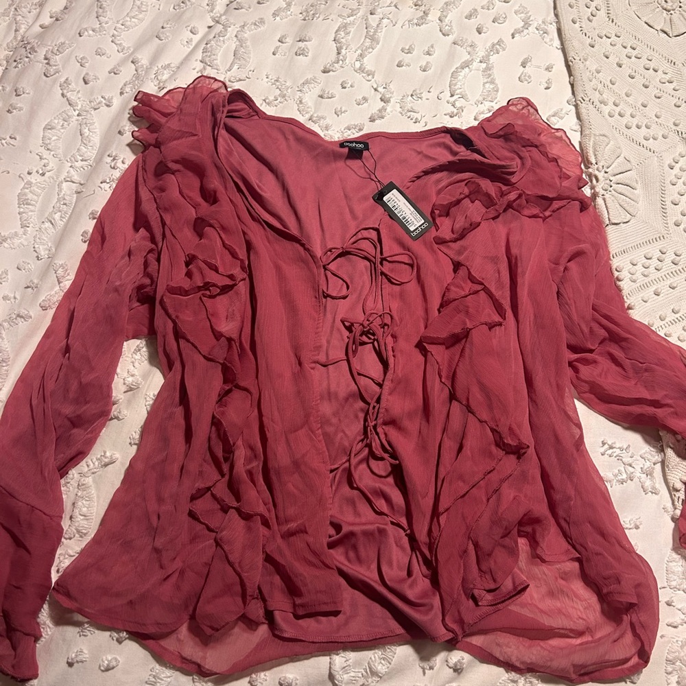 Elegant Pink Ruffled Tie Front Women's Top